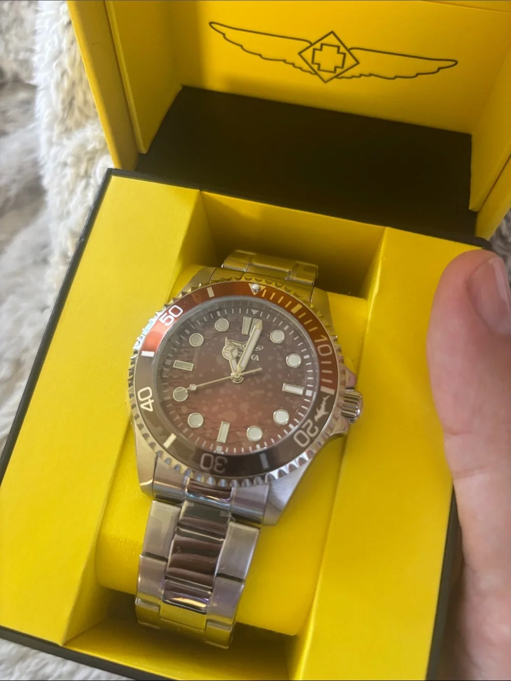 Invicta Men's Stainless Steel Watch with Brown Dial and Red-Brown Bezel